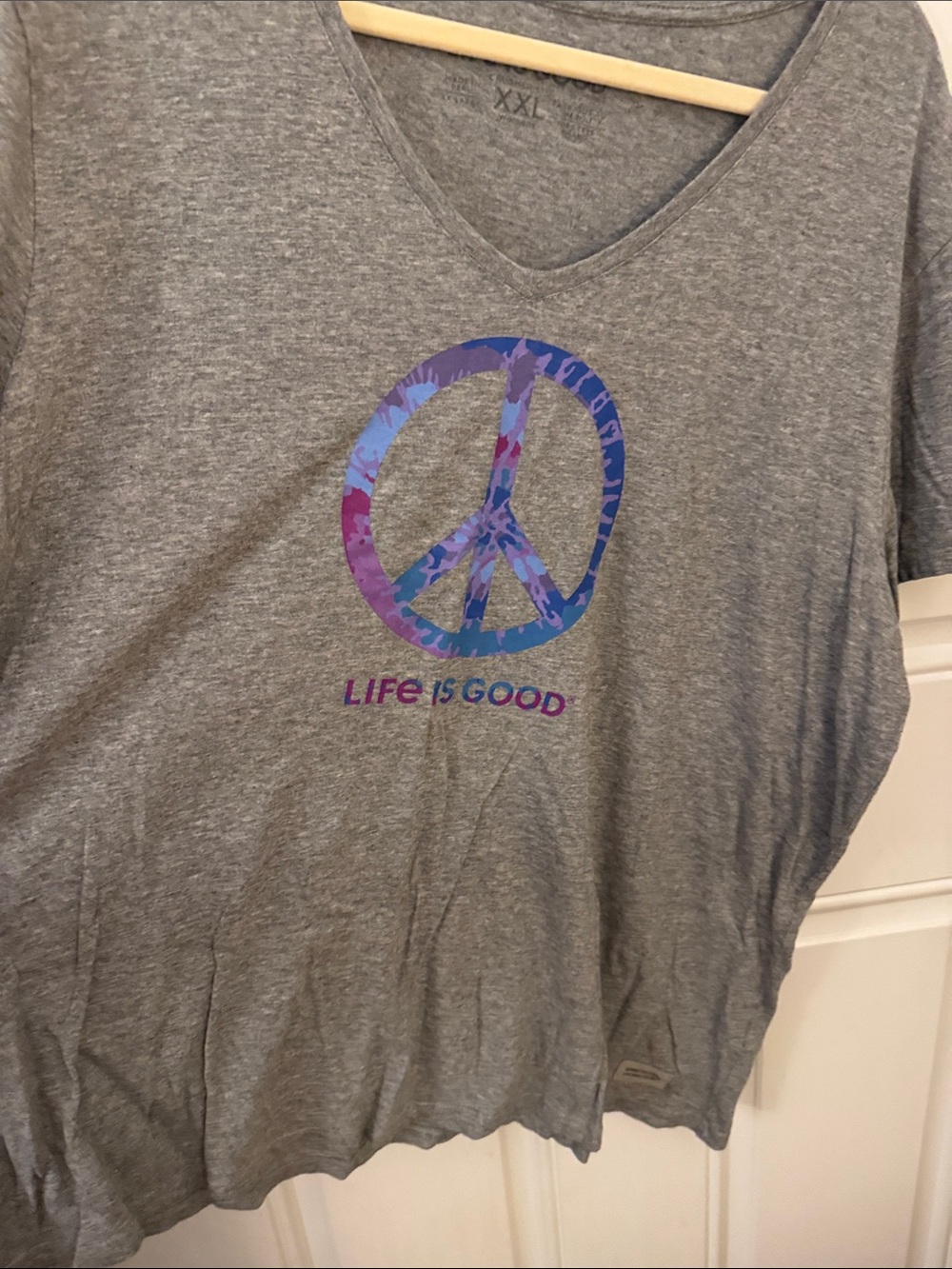 Life Is Good Gray V-Neck Tee with Purple and Blue Peace Sign